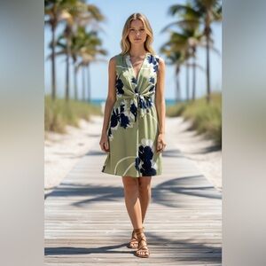 Elie Tahari Silk Blend Faux-Wrap Midi Dress Lime Fizz Navy Floral 2